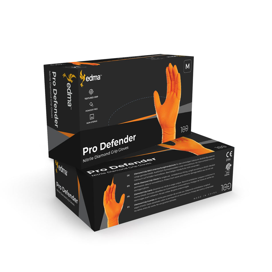 2 Boxes of Edma Pro Defender Orange Nitrile Diamond Grip 9mil Gloves #color_orange